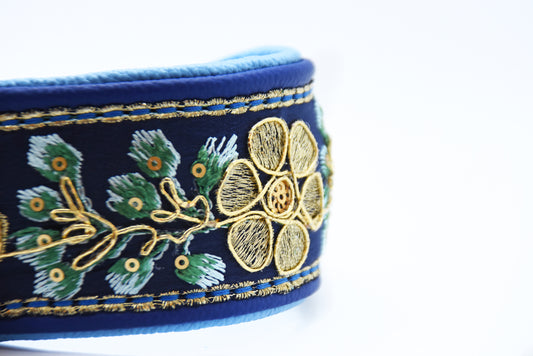 SARI Halsband Set | Windhund | Edles Lederhalsband mit indischer Borte darkblue