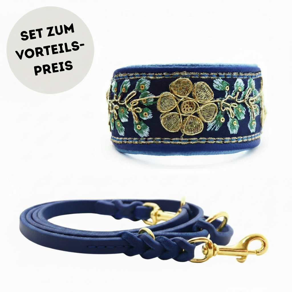 SARI Halsband Set | Windhund | Edles Lederhalsband mit indischer Borte darkblue