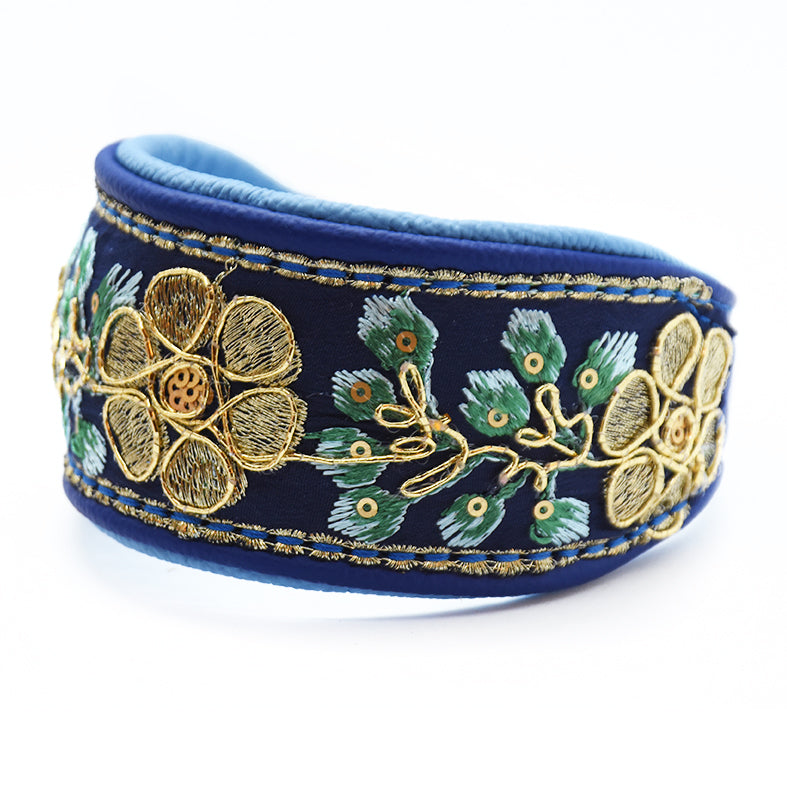 SARI Halsband Set | Windhund | Edles Lederhalsband mit indischer Borte darkblue