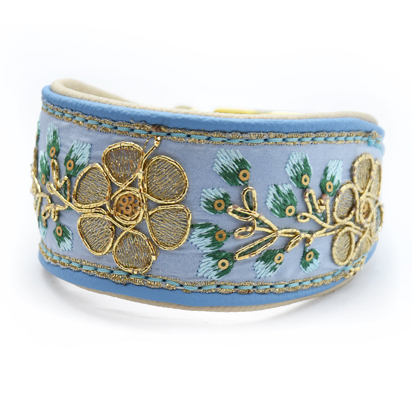 SARI Halsband | Windhund | Edles Lederhalsband mit indischer Borte lightblue