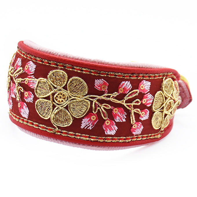 SARI Halsband | Windhund | Edles Lederhalsband mit indischer Borte red 