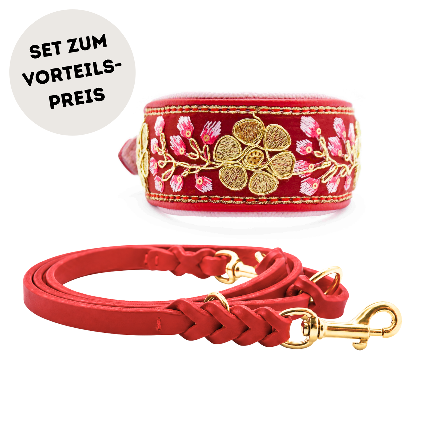 SARI Halsband | Windhund | Edles Lederhalsband mit indischer Borte red 