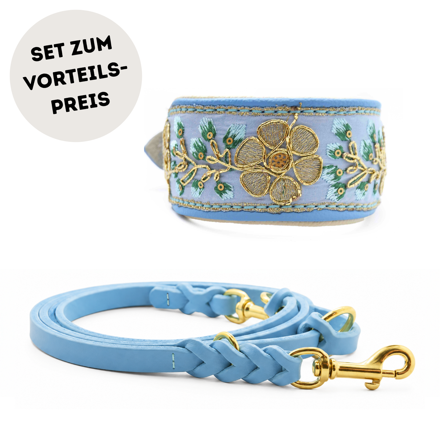 SARI Halsband | Windhund | Edles Lederhalsband mit indischer Borte lightblue