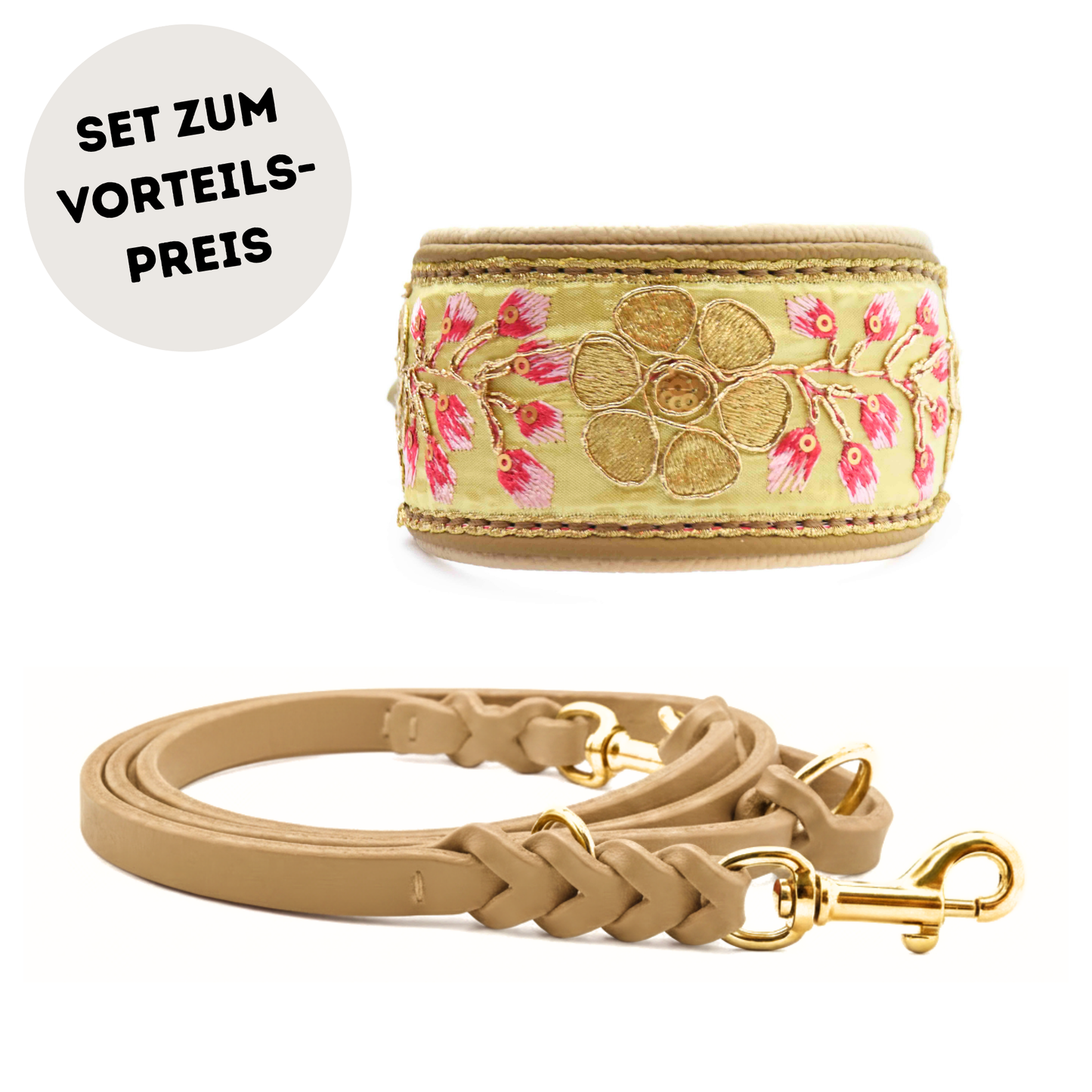 SARI Halsband Set | Windhund | Edles Lederhalsband mit indischer Borte yellow